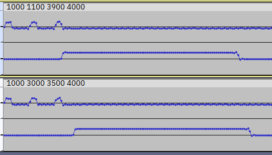 Screenshot of Audacity, recording a VGA cable's green pin (many short pulses, one per scanline) relative to its vsync pin (a wide pulse many scanlines long, which starts and stops after the short pulses disappear).